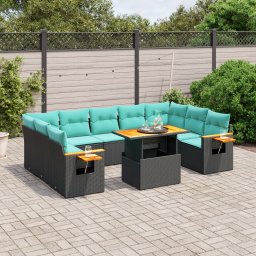 vidaXL 10 részes fekete polyrattan kerti ülőgarnitúra párnával