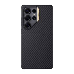 NILLKIN SYNTHETIC FIBER PRO műanyag telefonvédő (aramid bevonat, légpárnás sarok, karbon minta, MagSafe) FEKETE/ARANY Samsung Galaxy S25 Ultra (SM-S938)