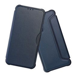 Tok álló, bőr hatású (FLIP, oldalra nyíló, ütésállóság, légpárnás sarok, kameravédő, karbon minta) SÖTÉTKÉK Xiaomi Redmi Note 14 Pro 4G