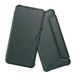 Tok álló, bőr hatású (FLIP, oldalra nyíló, ütésállóság, légpárnás sarok, kameravédő, karbon minta) SÖTÉTZÖLD Xiaomi Redmi Note 14 Pro 4G