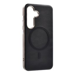 Szilikon telefonvédő (ECO bőr hatású hátlap, karcolásmentesítő belső, fém kameravédő, MagSafe, prémium) FEKETE Samsung Galaxy A36 5G (SM-A366)