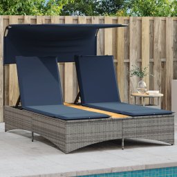 vidaXL szürke polyrattan kétszemélyes napozóágy napellenzővel és párnákkal