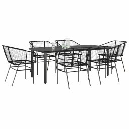 vidaXL 7 részes fekete polyrattan üveg kerti étkezőgarnitúra