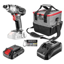 GRAPHITE Akkus gpkszlet Energy+, 18V/2Ah: akkus tvecsavaroz 1/4"(hatszg) + tska(25x25cm) + bit klt+akku+tlt! 3 v garancival 58G012-S15