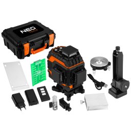 NEO TOOLS Lzer szintez, 3D nbell keresztvonallzer,360 fokos, 12 lzervonal, 25mter hattv, tlthet akku, tartozkok, hordtska, zld lzervonalak 2 v garancival 75-140