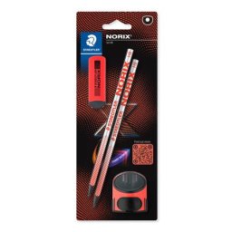 STAEDTLER Grafitceruza készlet, hegyezővel, radírral, HB, STAEDTLER "Norix(R) 181", korall piros