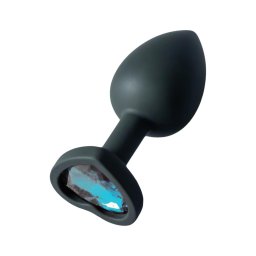 Sunfo - szilikon anál plug szív alakú sötét kék kővel (fekete)