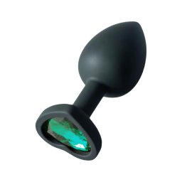 Sunfo - szilikon anál plug szív alakú sötét zöld kővel (fekete)