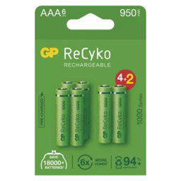 Újratölthető akkumulátor, AAA (HR03), 1,2 V, 950 mAh, GP, papírdoboz, 6-os csomag, ReCyko