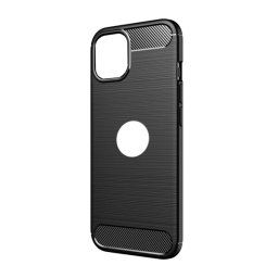 Szilikon telefonvédő (ütésállóság, légpárnás sarok, szálcsiszolt, karbon minta, logó kivágás) FEKETE Apple iPhone 15