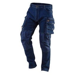 NEO TOOLS Farmer Munkásnadrág, DENIM, 98% pamut, térdvédő betét zsebbel, gombos oldalzsebekkel, 255 g/m2, L 81-228-L