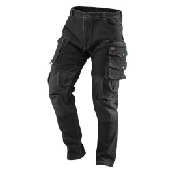NEO TOOLS Farmer Munkásnadrág, DENIM, fekete, 98% pamut, térdvédő zseb, gombos oldalzsebek, 255 g/m2, L 81-236-L