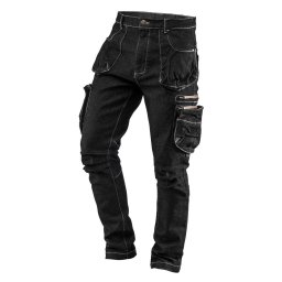 NEO TOOLS Farmer Munkásnadrág, DENIM, fekete, cipzáros oldalzsebekkel, 98% pamut, 410 g/m2, S 81-233-S
