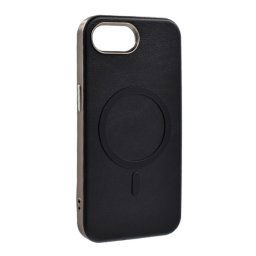 Szilikon telefonvédő (ECO bőr hatású hátlap, karcolásmentesítő belső, fém kameravédő, MagSafe, prémium) FEKETE Apple iPhone 16e
