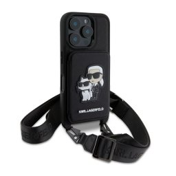 KARL LAGERFELD SAFFIANO CROSSBODY STRAP szilikon telefonvédő (ütésállóság, nyakpánt, kártyatartó) FEKETE Apple iPhone 16 Pro
