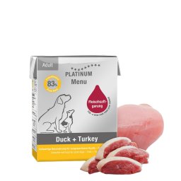 PLATINUM MENU Duck + Turkey-nedves kutyatáp felnőtt kutyának kacsa és pulyka 12x375g