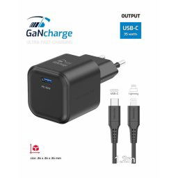 SWISSTEN HÁLÓZAT ADAPTER GaN 1x USB-C 35W TÁMOGATÁS FEKETE ADATKÁBEL USB-C/LIGHTNING 1,2 M FEKETE