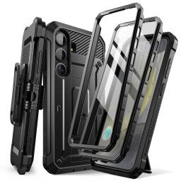 Samsung Galaxy S25 SM-S931, Műanyag hátlap védőtok + képernyővédő, 2 db előlapi kerettel, közepesen ütésálló, telefontartó gyűrű, kitámasztóval, övre fűzhető, SupCase Unicorn Beetle Pro, fekete