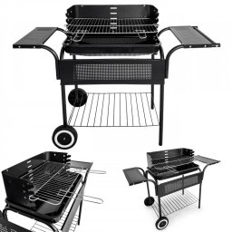 Kerti grill, fém polcokkal, állítható rács, görgők