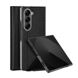 DUX DUCIS BRIL műanyag telefonvédő (ütésállóság, bőr hatású hátlap, asztali tartó, rombusz) FEKETE Samsung Galaxy Z Fold7 (SM-F966)
