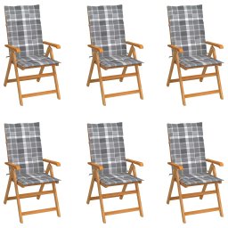 vidaXL 6 db tömör tíkfa kerti szék szürke kockás párnákkal