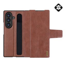 NILLKIN AOGE műanyag telefonvédő (valódi bőr hátlap, mikrofiber plüss belső, ceruza tartó) SÖTÉTBARNA Samsung Galaxy Z Fold7 (SM-F966)