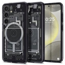 Samsung Galaxy S24 SM-S921, Műanyag hátlap védőtok + szilikon keret, Magsafe töltővel kompatibilis, Telefon belső minta, Spigen Ultra Hybrid OneTap Metal Ring Zero One, átlátszó/füst