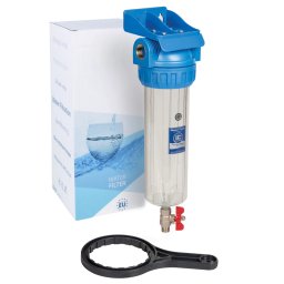 Aquafilter 10" vízszűrő ház leeresztő csappal - hideg vizes - átlátszó - 3/4"x3/4"