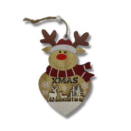 Karácsonyi ajtódísz fából akasztóval Xmas rénszarvas - 10 x 17 cm