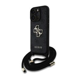 GUESS PU 4G METAL LOGO CROSSBODY STRAP műanyag telefonvédő (ütésállóság, bőr hatású hátla + vállpánt) FEKETE Apple iPhone 16 Pro Max