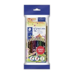 STAEDTLER Színes ceruza készlet, hatszögletű, ajándék grafitceruzával és radírral, STAEDTLER "Noris 185", 12 különböző szín