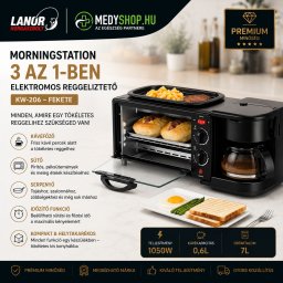 MorningStation 3 az 1-ben elektromos reggeliztető - kávé főző, sütő és serpenyő - fekete (KW-206)