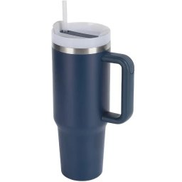 Prémium fémfalú utazó termosz + pohár, 1200 ml, hőtartó, szívószállal, fogantyúval, Tumbler, sötétkék