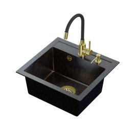 ART JOHNNY fekete arany gránit mosogató gold Black Pearl szifonnal, Maggie csappal,arany színű adagoló