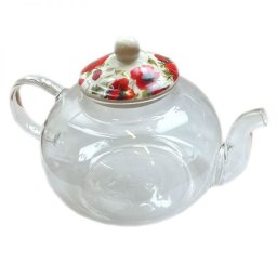 Üveg teáskanna pipacsos porcelán tetővel - 1 literes