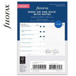 Filofax Naptárbetét Heti 1 hét / 1 oldal + 1 oldal jegyzet Pocket Fehér 2026