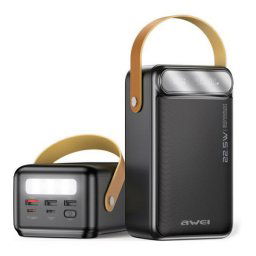 AWEI P101K vésztöltő 3 USB+2 Type-C aljzat (60000mAh, 22.5W, PD gyorstöltő, LED kijelző, LED lámpa) FEKETE