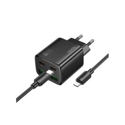 HOCO N56 hálózati töltő 2 USB+2 Type-C aljzat (30W, GaN, PD gyorstöltő 3.0 + lightning kábel) FEKETE
