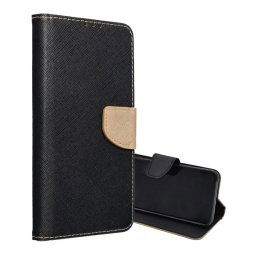 Tok álló, bőr hatású (FLIP, oldalra nyíló, asztali tartó, kártyazseb, textil hatás) FEKETE/ARANY Samsung Galaxy S24 FE (SM-S721)