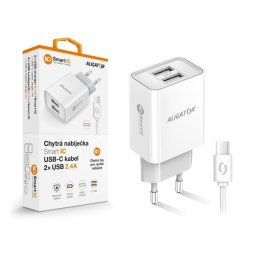 ALIGATOR 2,4A intelligens hálózati töltő, 2xUSB, intelligens IC, fehér, USB-C kábel