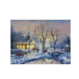 Világító ledes falikép havas táj + templom 30 cm X 40 cm