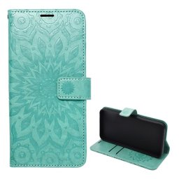Tok álló, bőr hatású (FLIP, oldalra nyíló, asztali tartó, kézpánt, mandala) CYAN Samsung Galaxy S25 FE (SM-S731)
