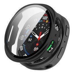 Műanyag keret (BUMPER, ütésállóság + kijelzővédő üveg) FEKETE Samsung Galaxy Watch 8 eSIM 44mm (SM-L335), Galaxy Watch 8 44mm (SM-L330)