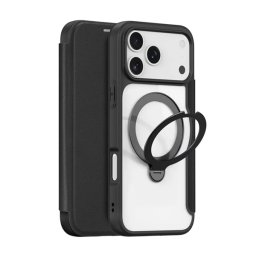 DUX DUCIS SKIN X PRO tok álló, bőr hatású (FLIP, oldalra nyíló, RFID, kitámasztó, MagSafe) FEKETE Apple iPhone 17 Pro