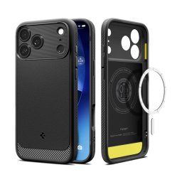 SPIGEN RUGGED ARMOR szilikon telefonvédő (ütésállóság, légpárnás sarok, karbon minta, MagSafe) FEKETE Apple iPhone 17 Pro Max