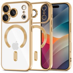 Apple iPhone 17 Pro, Műanyag hátlap védőtok + szilikon keret, közepesen ütésálló, Magsafe töltővel kompatibilis, fényes keret, Magflex Magsafe, átlátszó/arany