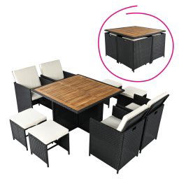 Kerti rattan szett, akácfa, fekete/krémszínű/természetes, MELFORD