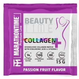 Hidrolizált Kollagén Hialuronsavval 15g, 14000 mg kollagén, 100 mg hialuron, 80 mg C-vitamin, Passion Fruit íz, 1 adag - Marathontime