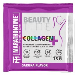 Hidrolizált Kollagén Hialuronsavval 15g, 14000 mg kollagén, 100 mg hialuron, 80 mg C-vitamin, Sakura íz, 1 adag - Marathontime