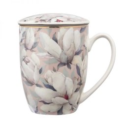 Pink magnolia porcelán bögre tetővel és fémszűrővel - 350 ml